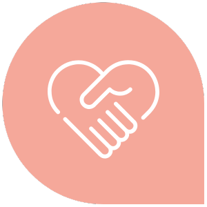 Outline of a handshake forming a heart shape on a pink circular background.