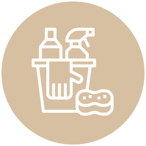 Outline of cleaning supplies including a spray bottle, a sponge, and a container of cleaning liquid on a circular beige background.