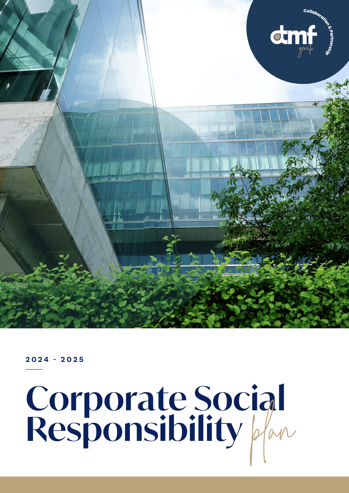 Cover of a corporate social responsibility plan for 2024-2025 featuring a modern glass office building with reflections and greenery.