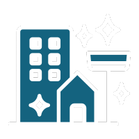 Icon of buildings and a house with sparkles around it.