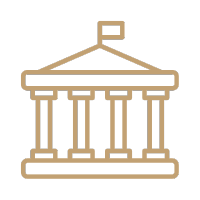 Line drawing of a classical government or courthouse building with columns and a flag on top.