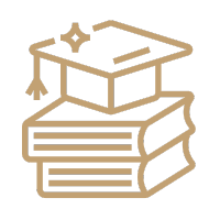 Stack of three books with a graduation cap on top.