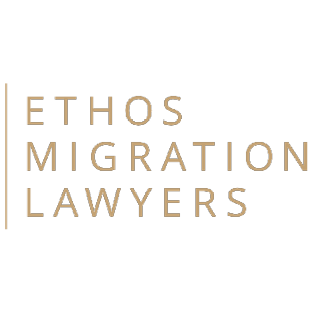 Logo for Ethos Migration Lawyers with the company name in gold text on a black background.