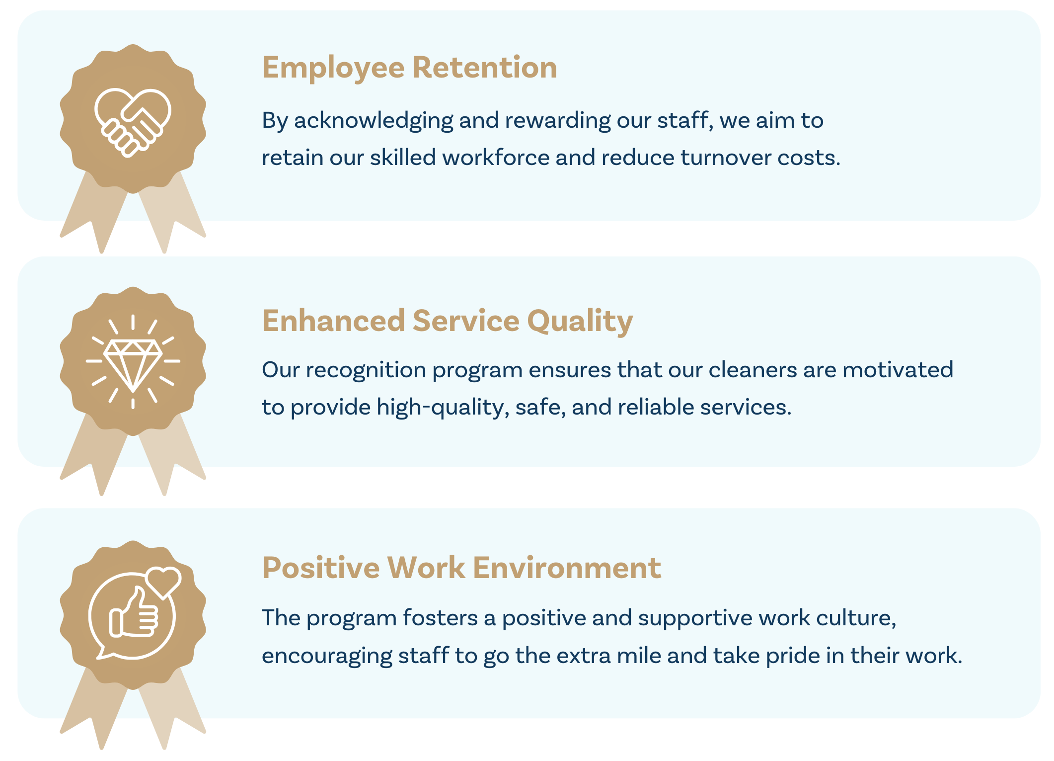 An infographic with three sections highlighting employee retention, enhanced service quality, and positive work environment. Each section has an icon: a handshake, a diamond, and a thumbs-up respectively. The background is light blue with text in brown and navy blue.