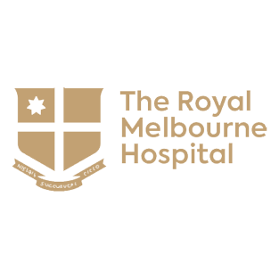 Logo of The Royal Melbourne Hospital, featuring a shield with a cross and a star, and the hospital's name beside it.