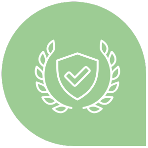 Green circle with a white shield containing a checkmark, surrounded by laurel branches.