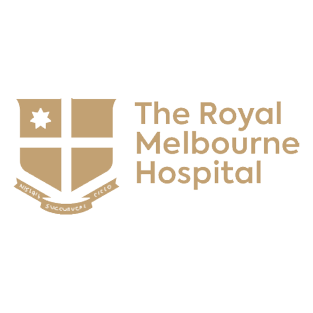 Logo of The Royal Melbourne Hospital, featuring a shield with a star and scroll design, accompanied by the hospital's name.