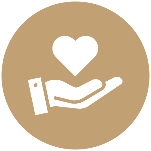 A white hand holding a heart icon inside a brown circle.