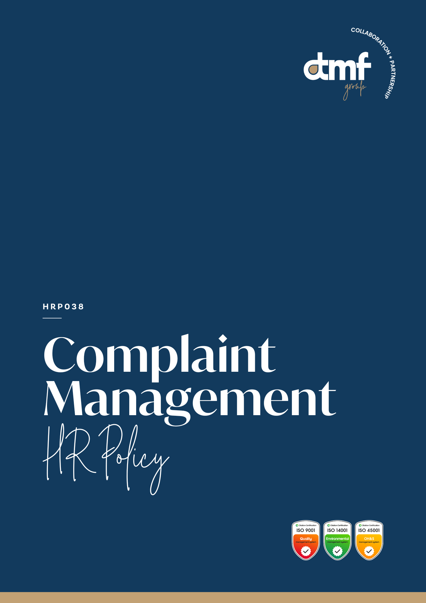 Cover page of a document titled 'Complaint Management HR Policy' with certification logos for ISO 9001, ISO 14001, and ISO 45001 at the bottom right corner.