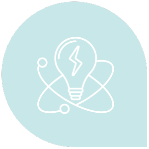 Line drawing of a light bulb surrounded by orbiting lines, symbolizing ideas or innovation, on a light blue circular background.