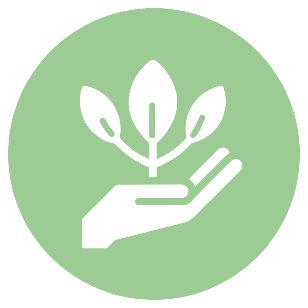 A white hand gently holding a plant with three leaves on a green circular background.