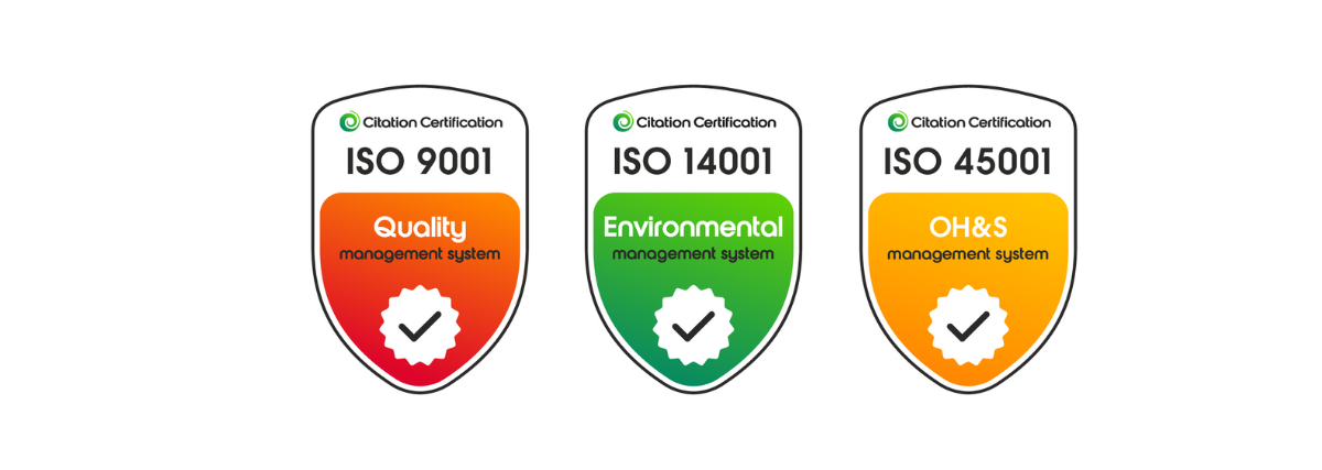 Three certification badges for management systems: ISO 9001 for Quality, ISO 14001 for Environmental, and ISO 45001 for OH&S. Each badge has a shield shape with a color gradient and a check mark emblem.