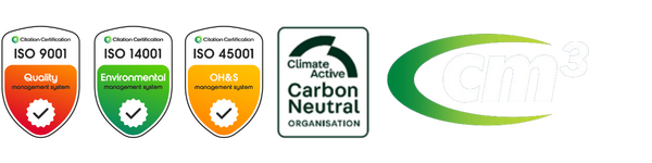 Certification badges for ISO 9001, ISO 14001, ISO 45001, Climate Active Carbon Neutral organization, and a logo for CM