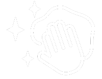 Hand wiping a surface with a cloth, surrounded by sparkles.