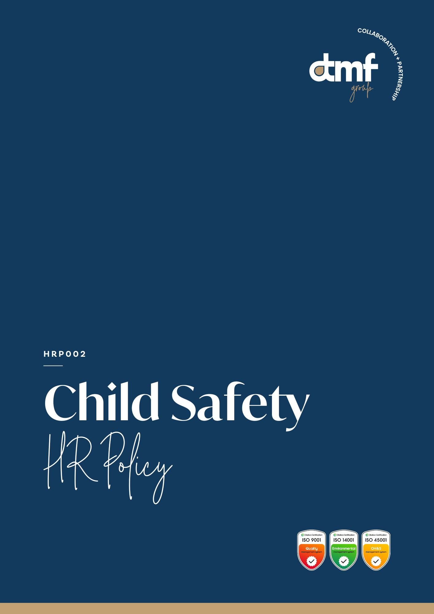 Cover page of a child safety HR policy document with dark blue background. The title 'Child Safety HR Policy' is prominently displayed, along with certification badges for ISO 9001, ISO 14001, and ISO 45001 at the bottom.