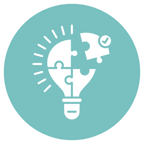 Lightbulb made of puzzle pieces with a checkmark, symbolizing ideas or problem solving.
