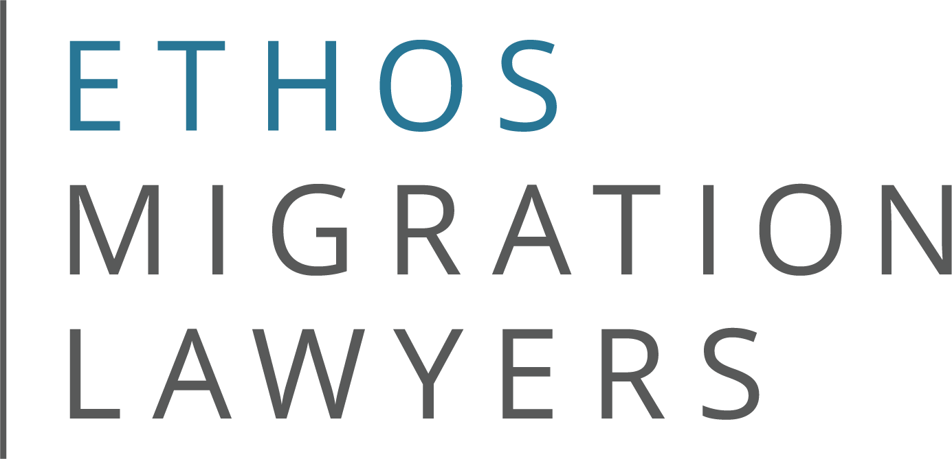 Text reading 'ETHOS MIGRATION LAWYERS' with each word in a different color and font size.