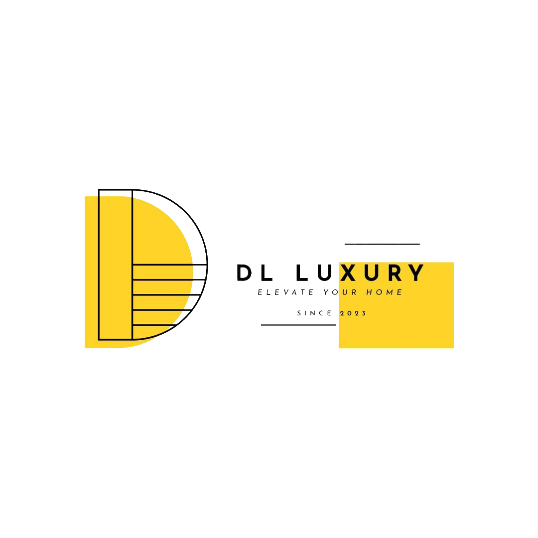 Modern architectural blueprint with a spiral staircase on the left, black, white, yellow, and gray color scheme, and the words 'LUXURY OUR HOME'.