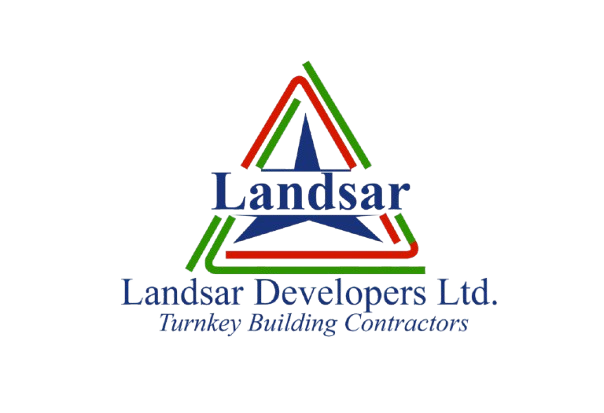 Landsar logo with a triangle design and the company name 'Landsar' below, along with the text 'Landsar Development Ltd.' and a slogan that is partially obscured.