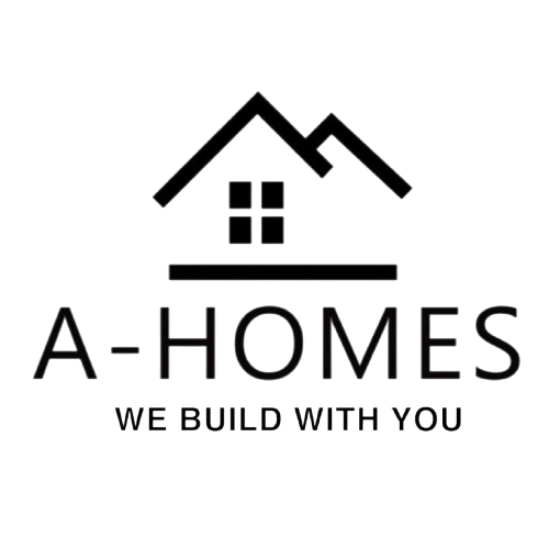Logo of A-Homes featuring a house outline with four window panes and the text "A-Homes" and the slogan "We build with you."