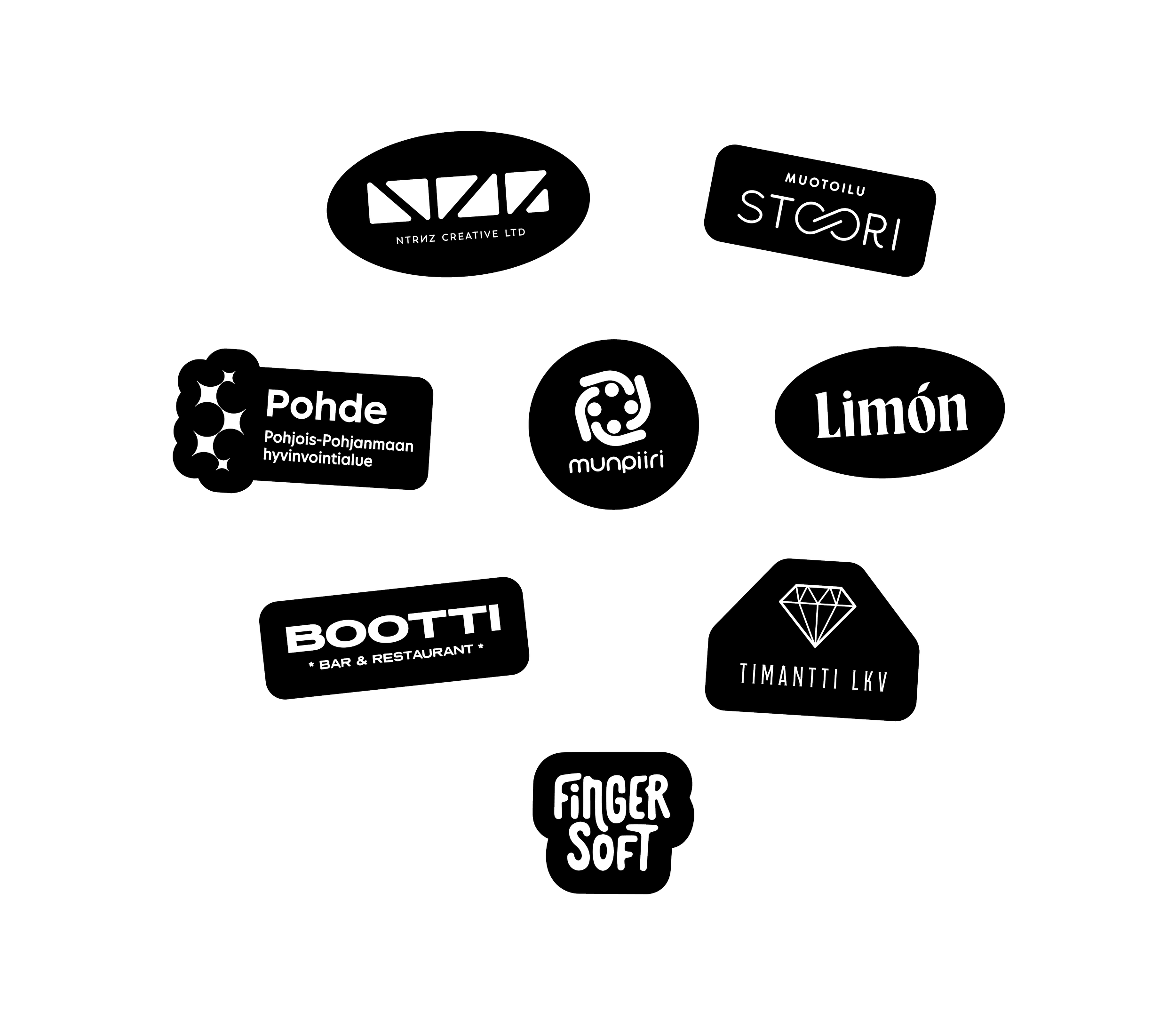 Yritykset, joille olen toteuttanut; ntrnz creative LTD, muotoilustoori oy, Pohjois-pohjanmaan hyvinvointialue, munpiiri, Limon, Bootti, Timantti LKV, Fingersoft