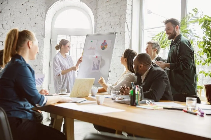 Group meeting in an office with people reviewing charts on a flip chart board.
