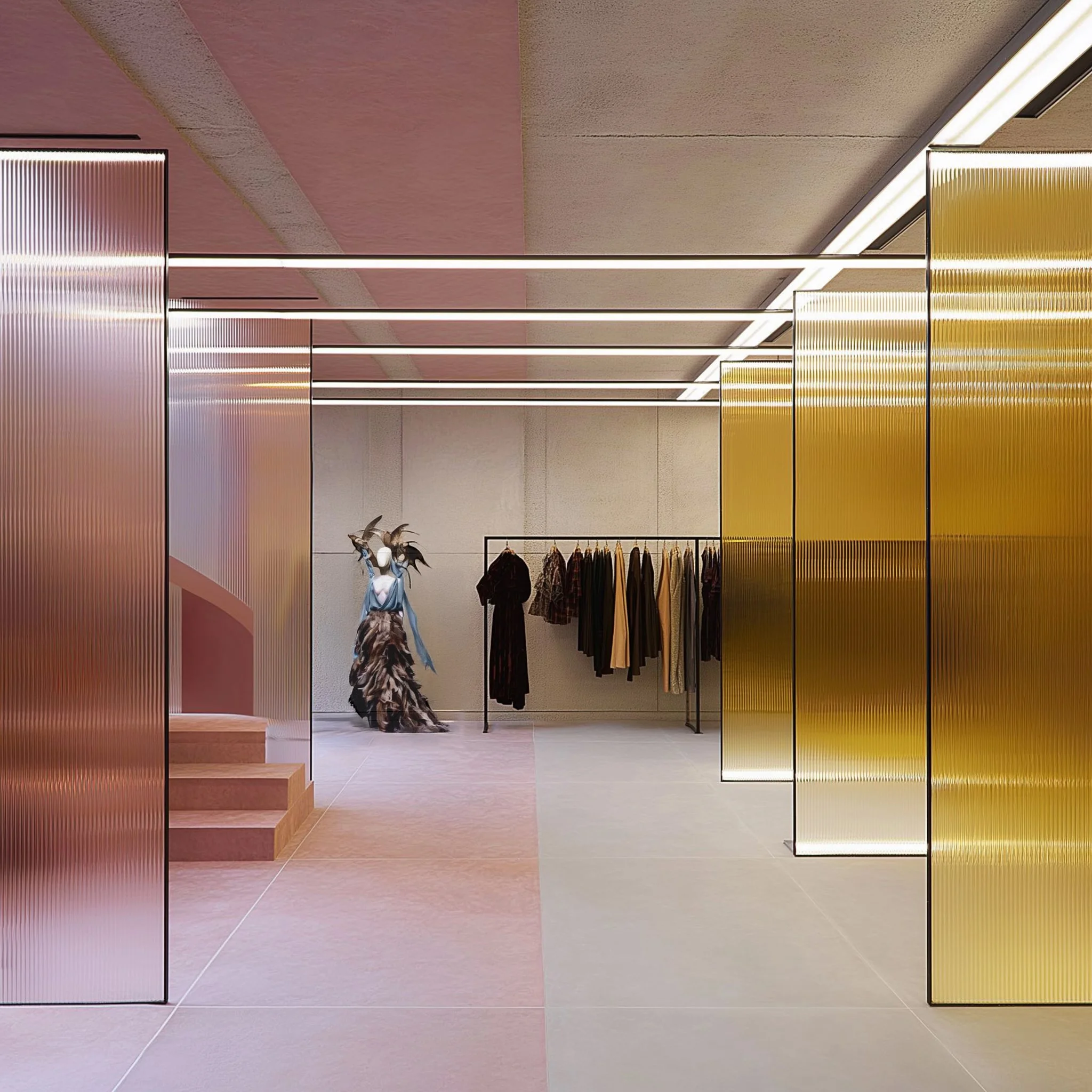 Modern clothing store with metallic gold and pink partition walls, clothing rack with assorted garments, and a mannequin in feathered dress with headpiece.