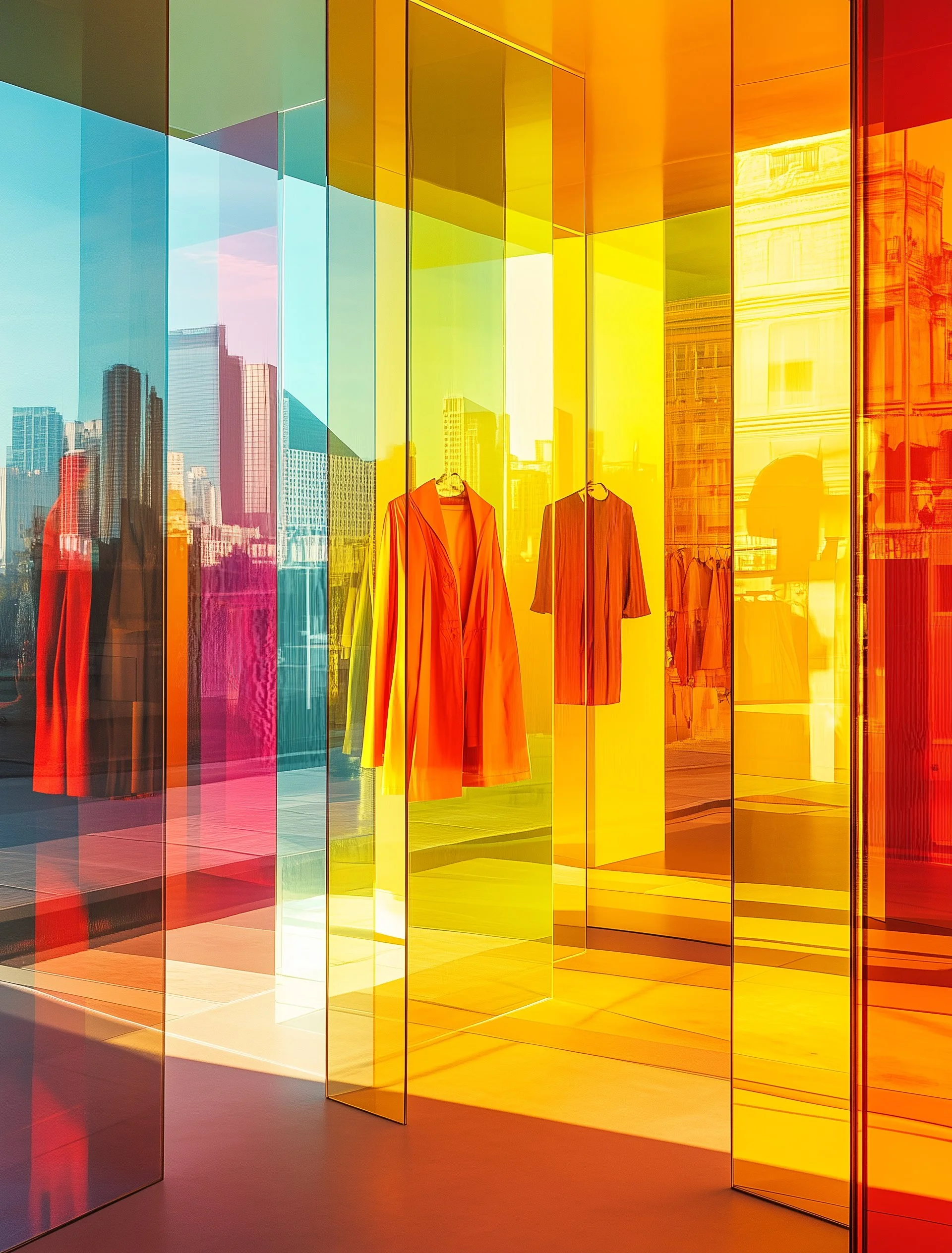 Colorful, reflective glass storefront window with clothing items displayed inside, including orange garments, reflecting city skyscrapers in an urban setting.