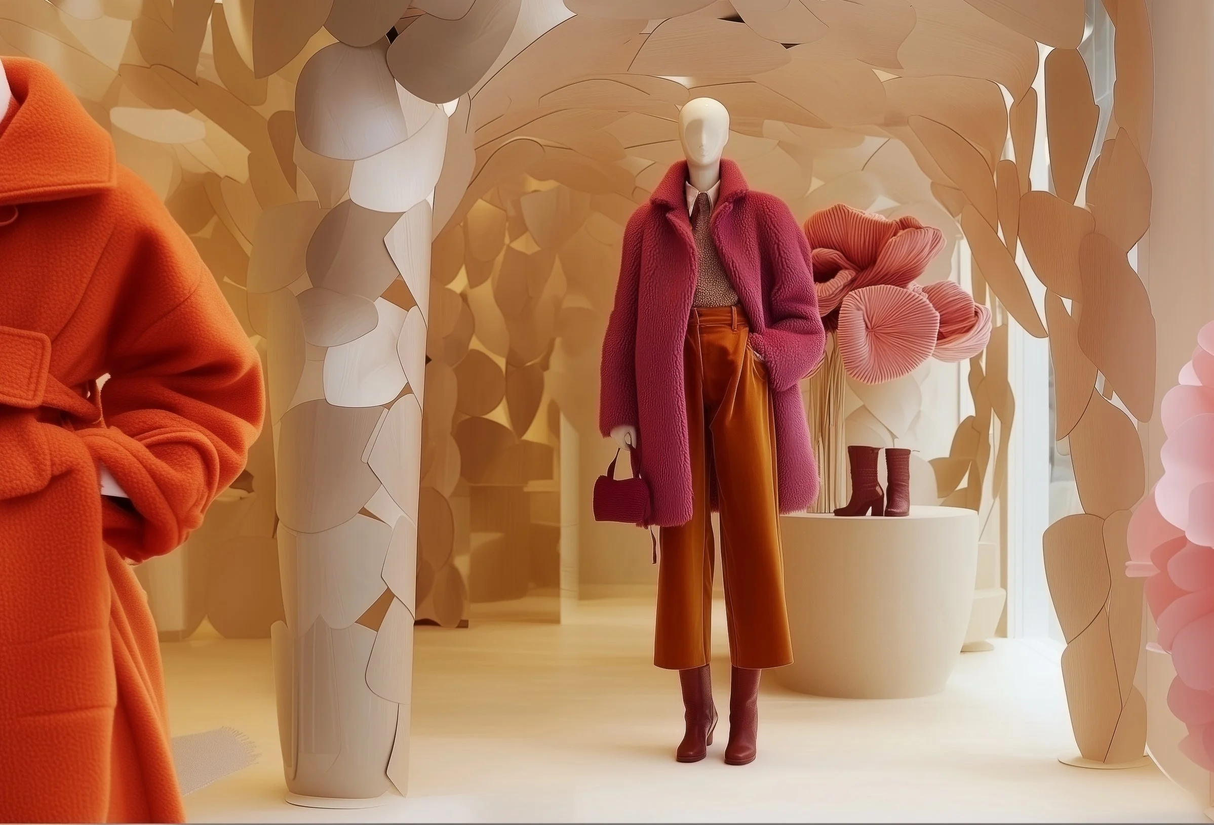 Display window with a mannequin wearing a pink coat, brown pants, and brown boots, surrounded by large floral decor and vases filled with pink flowers.