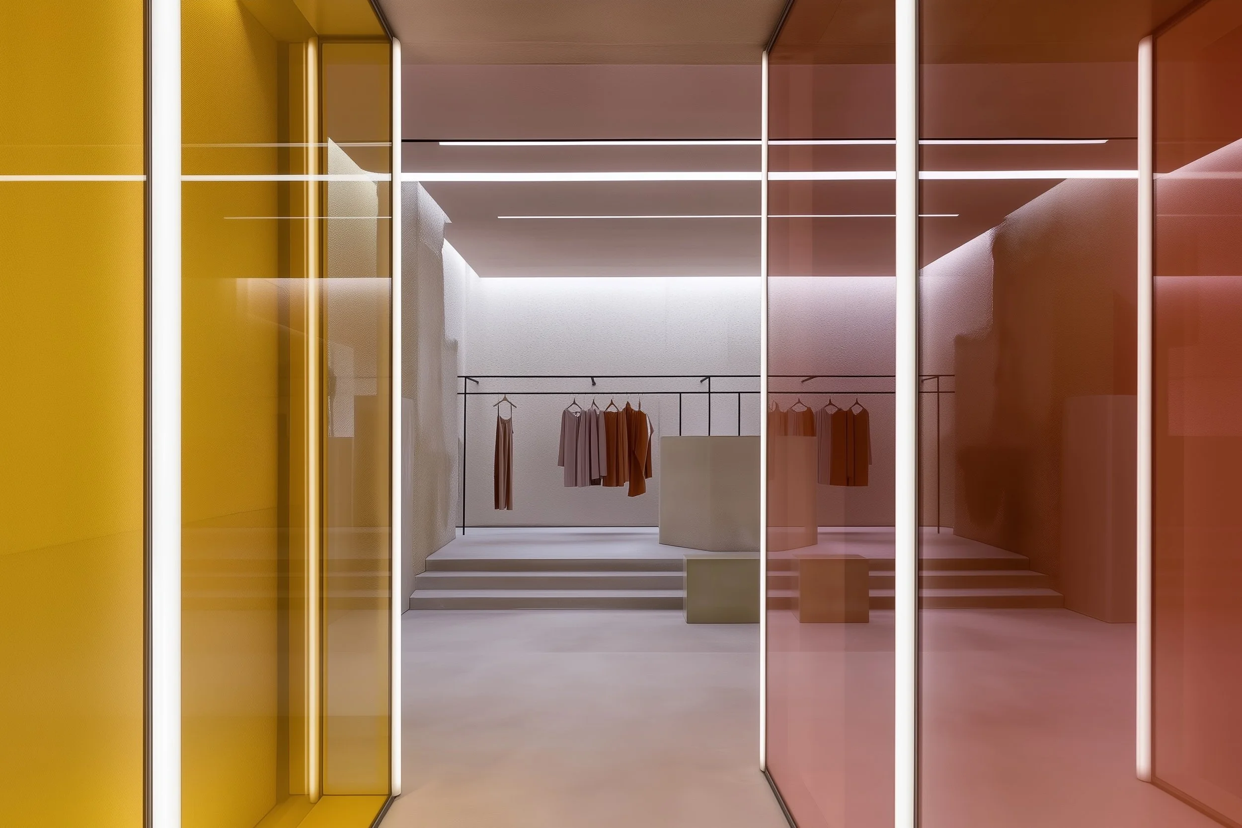 Modern retail design project of a fashion store, a commercial design space with pastel-colored glass panels in yellow and pink, displaying hanging clothes on black racks indoors.