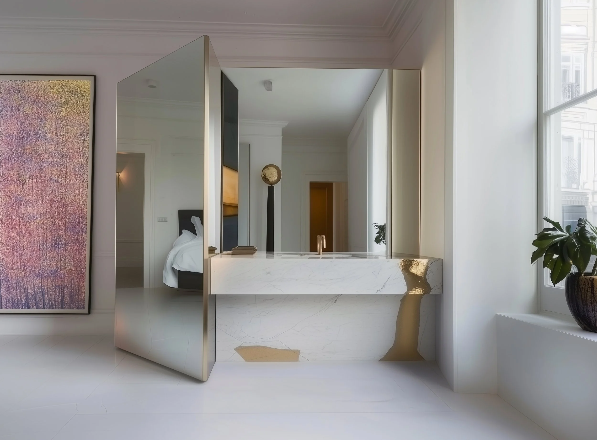 A modern bathroom with a marble bathtub, a large mirror, a window with a plant on the windowsill, and a view of a bedroom with a bed and artwork.