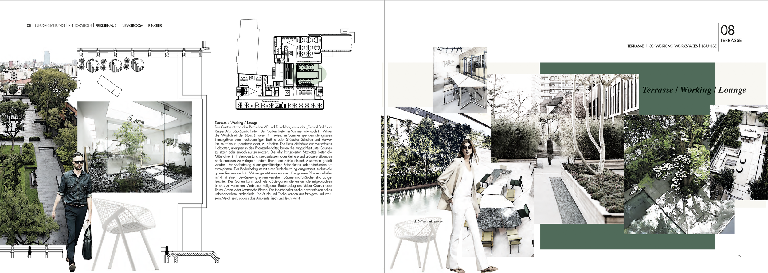 Design plan for a garden rooftop renovation with photos of green outdoor spaces, seating areas, and people enjoying the rooftop.