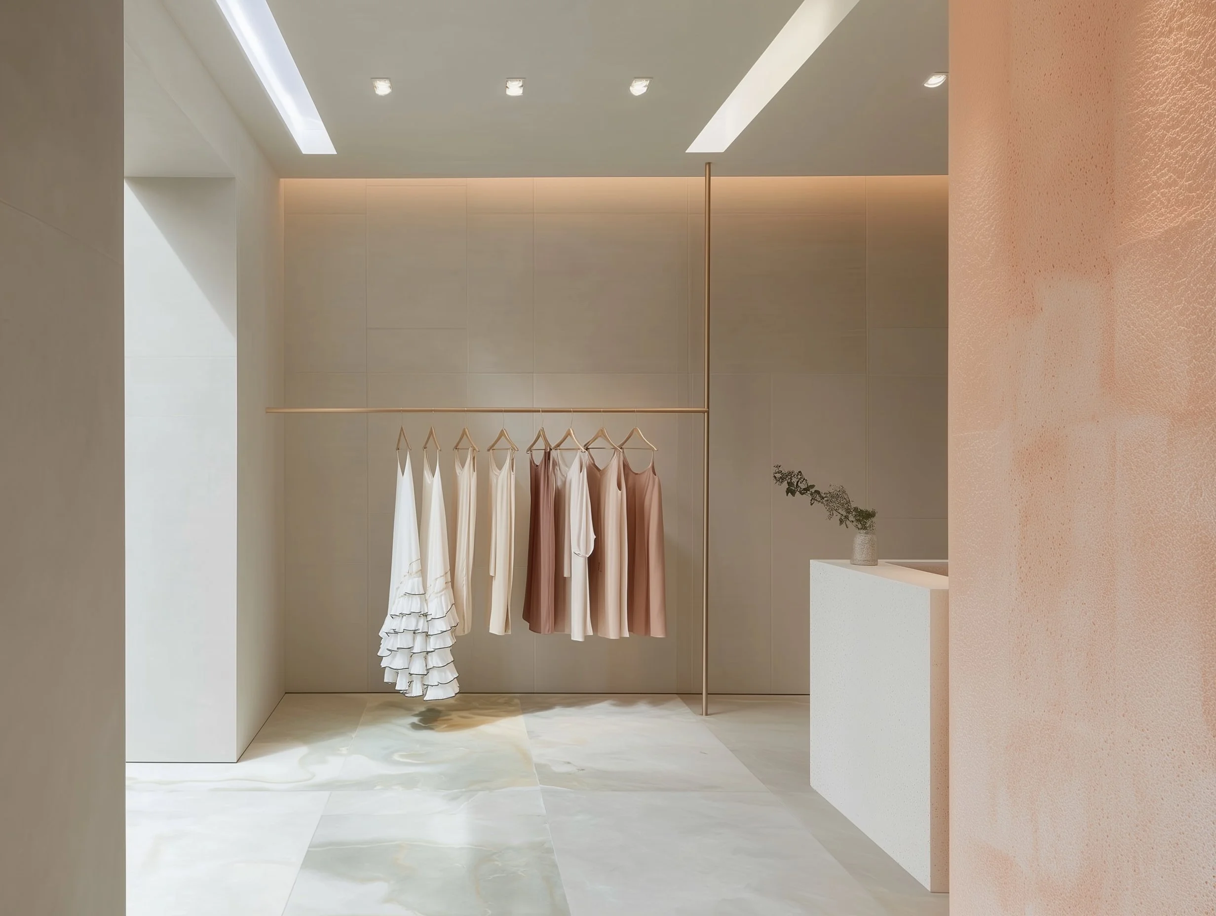 Retail-and commercial Design project with  a minimalist clothing display with hanging dresses in white and beige tones inside a modern boutique with neutral-colored walls and marble flooring.