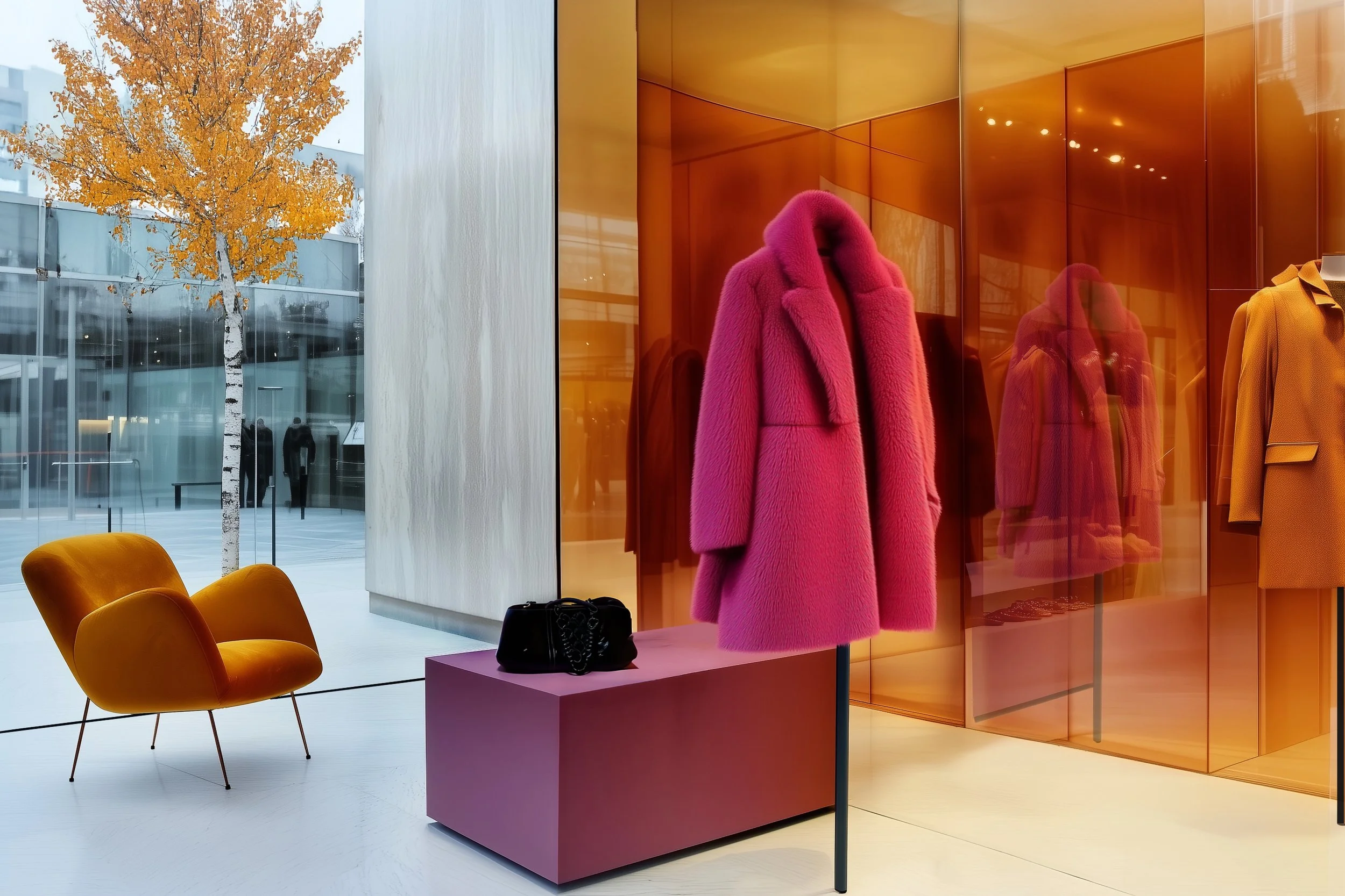 Store display with a pink coat on a mannequin, black bag on a pink pedestal, mustard-colored coat, two yellow chairs, glass wall, and autumn tree outside