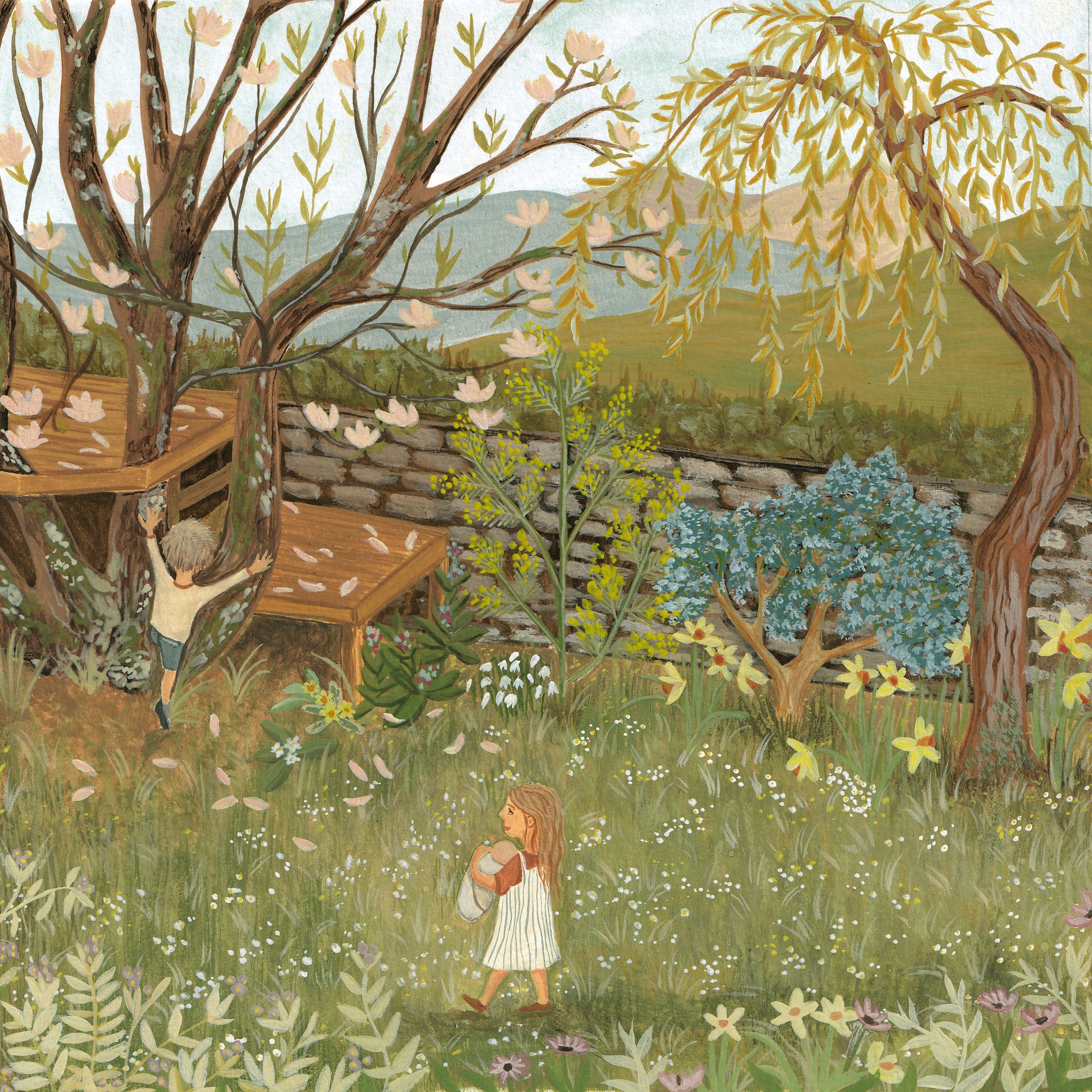 'Spring Playtime' gouache painting