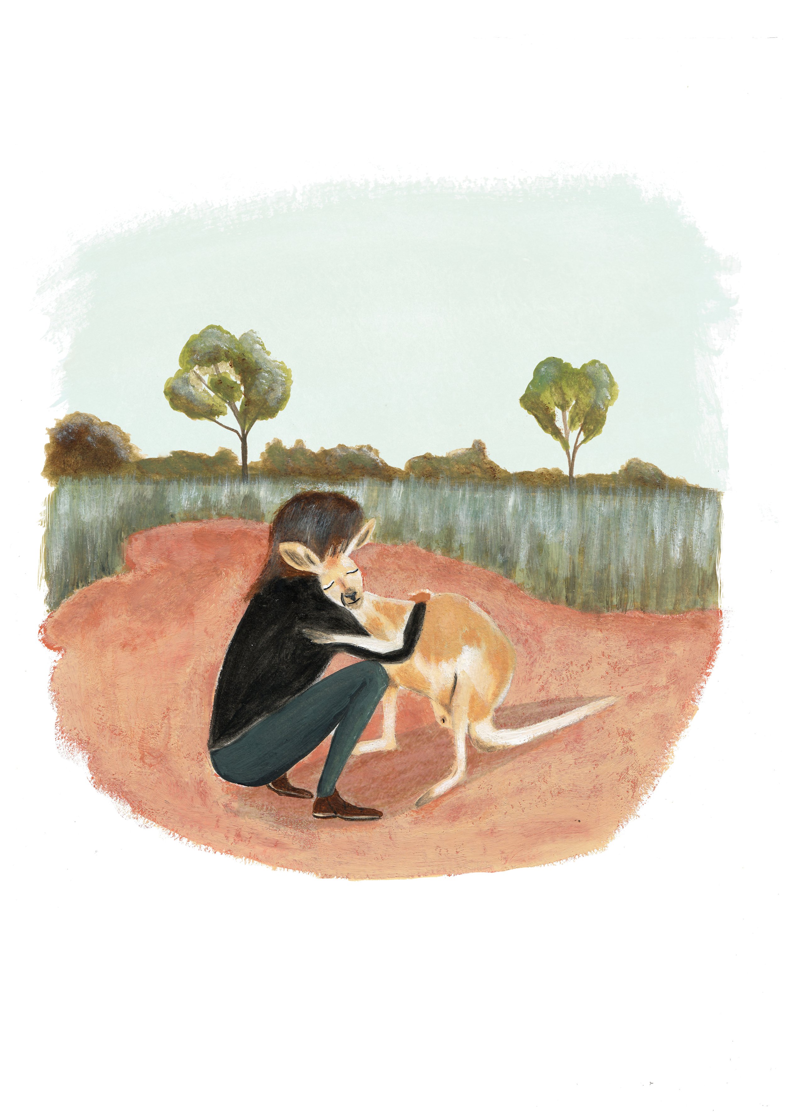 'Kangaroo Hug' gouache painting