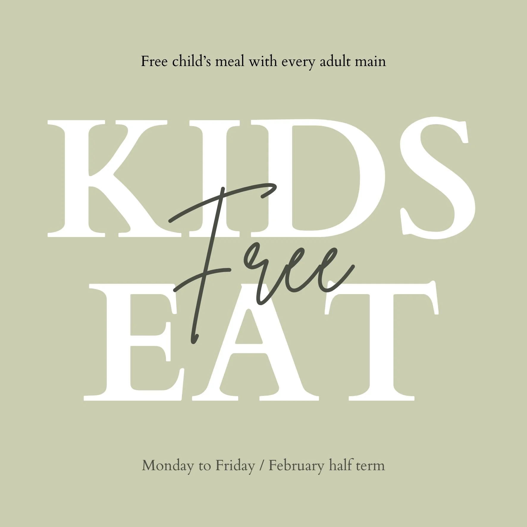 🎉 February Half Term Treat &ndash; Coming Soon! 🎉

We&rsquo;re getting ready for February half term, and that means Kids Eat FREE 🍽️

Enjoy a FREE child&rsquo;s meal with every adult main course!

Terms &amp; conditions apply. Offer valid for chil