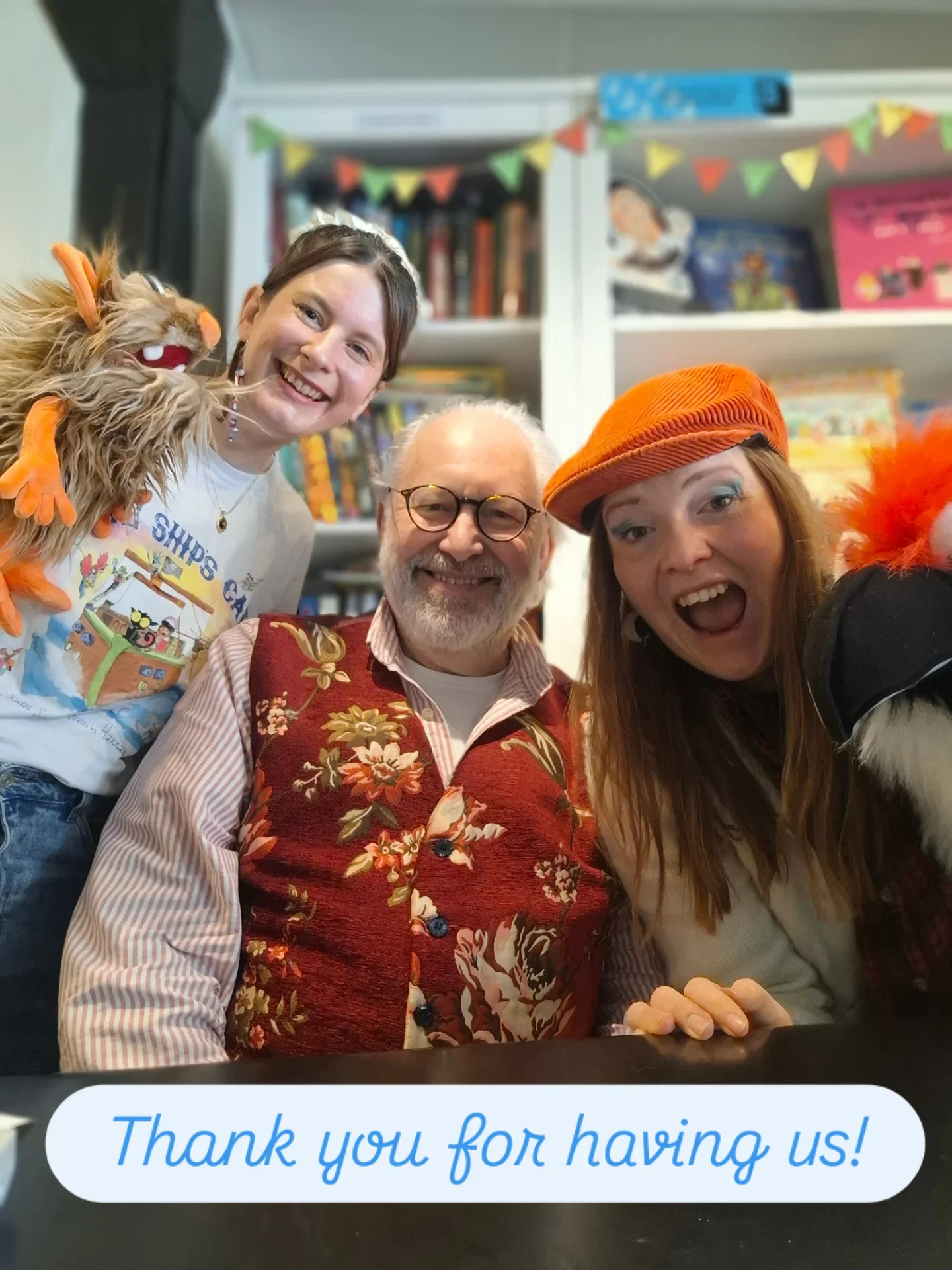 Katie with puppet, Richard, Hannah with another puppet