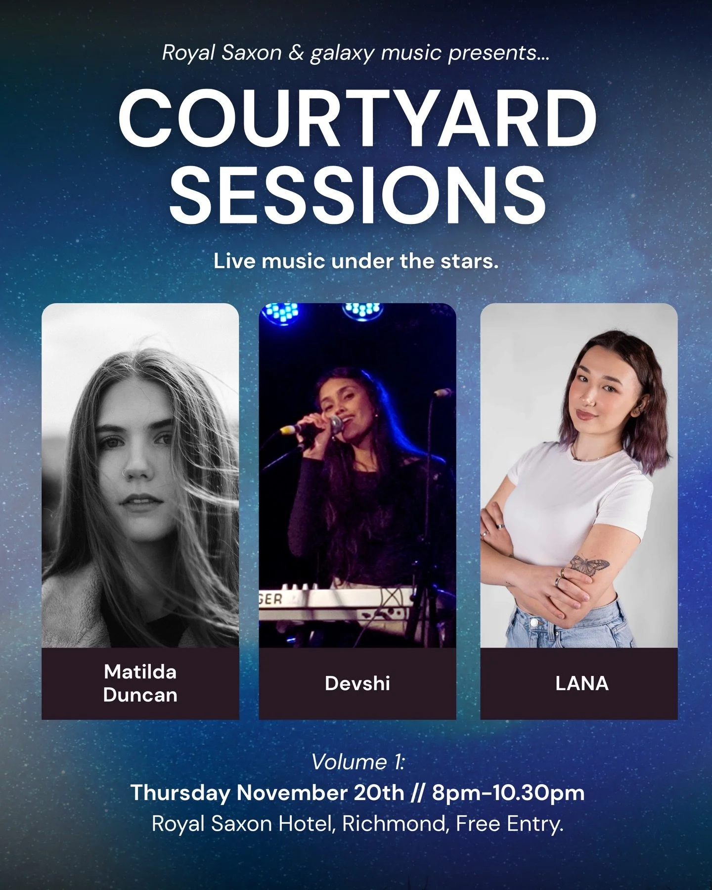 Bit of a last-minute announcement. But tonight, the courtyard of the @royalsaxon is the place to be! 

If that&rsquo;s the place you&rsquo;ll be, you&rsquo;ll get to hear sets from three amazing singer/songwriters @matildaduncanmusic @musicbylanaa an