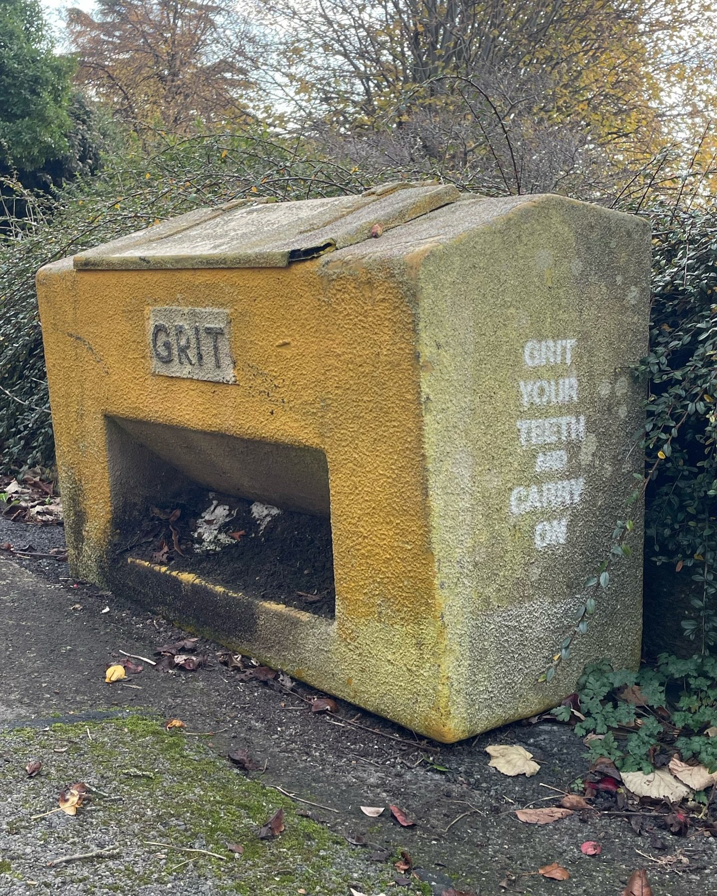 GRIT YOUR TEETH AND CARRY ON 

spray paint on grit salt bin, bristol