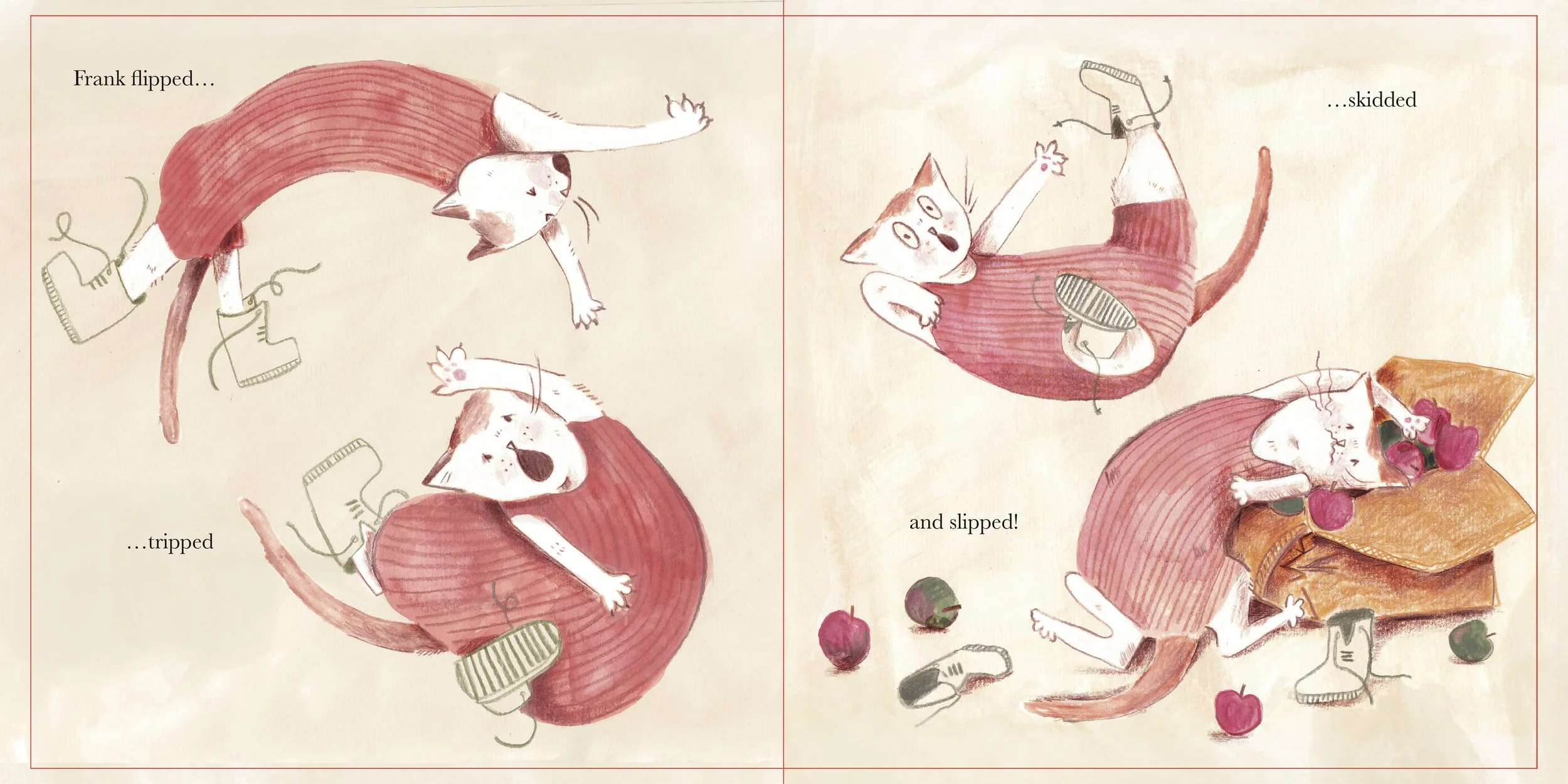 Spread 3 of my entry for CBNN prize. Fabulous Frank tumbling after tripping on his own laces.