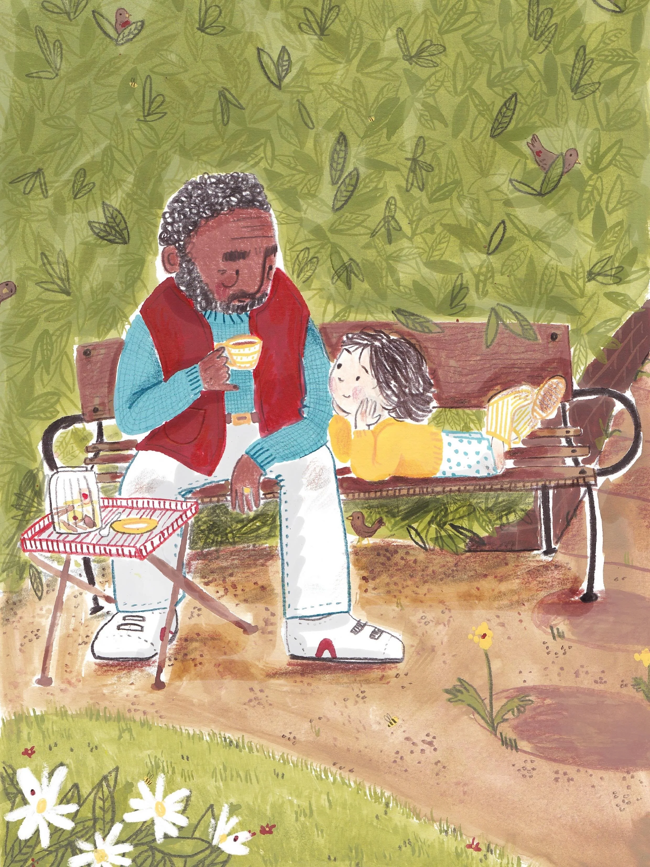 Personal project. Pansy sits in the garden with her Grandad, listening to the tales her Grandad tells her of the insects, birds and foxes that visit his garden. 