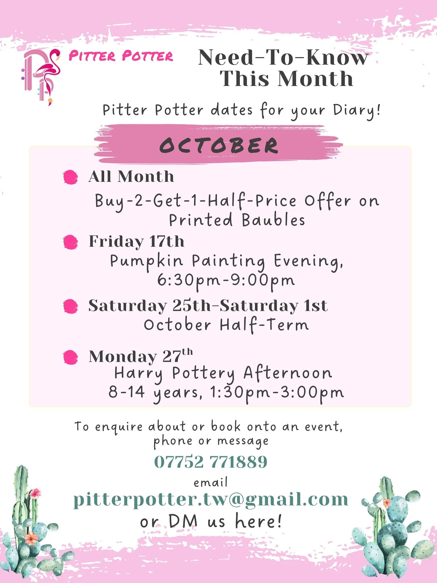 📆EVENTS &bull; FOR &bull; THE &bull; MONTH📆

Happy October!🎃🍁🦇

Here are all the dates and events you need to know about this month:

* Buy Two, Get One Half-Price Printed Bauble Offer
Until 31st October. 
Beat the rush and get you baby&rsquo;s 