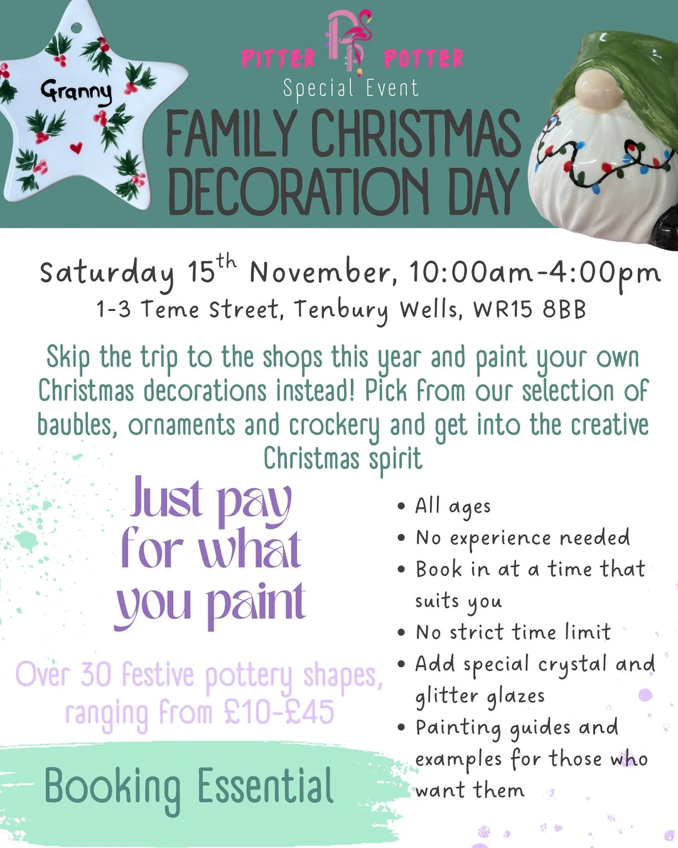 🔔 PITTER &bull; POTTER &bull; EVENT🔔

Christmas will be here before we&rsquo;re know it - get ahead, and create pieces you WON&rsquo;T need to replace every year, with our delightful Decoration Painting Day this November!🎄

Pick from our great sel