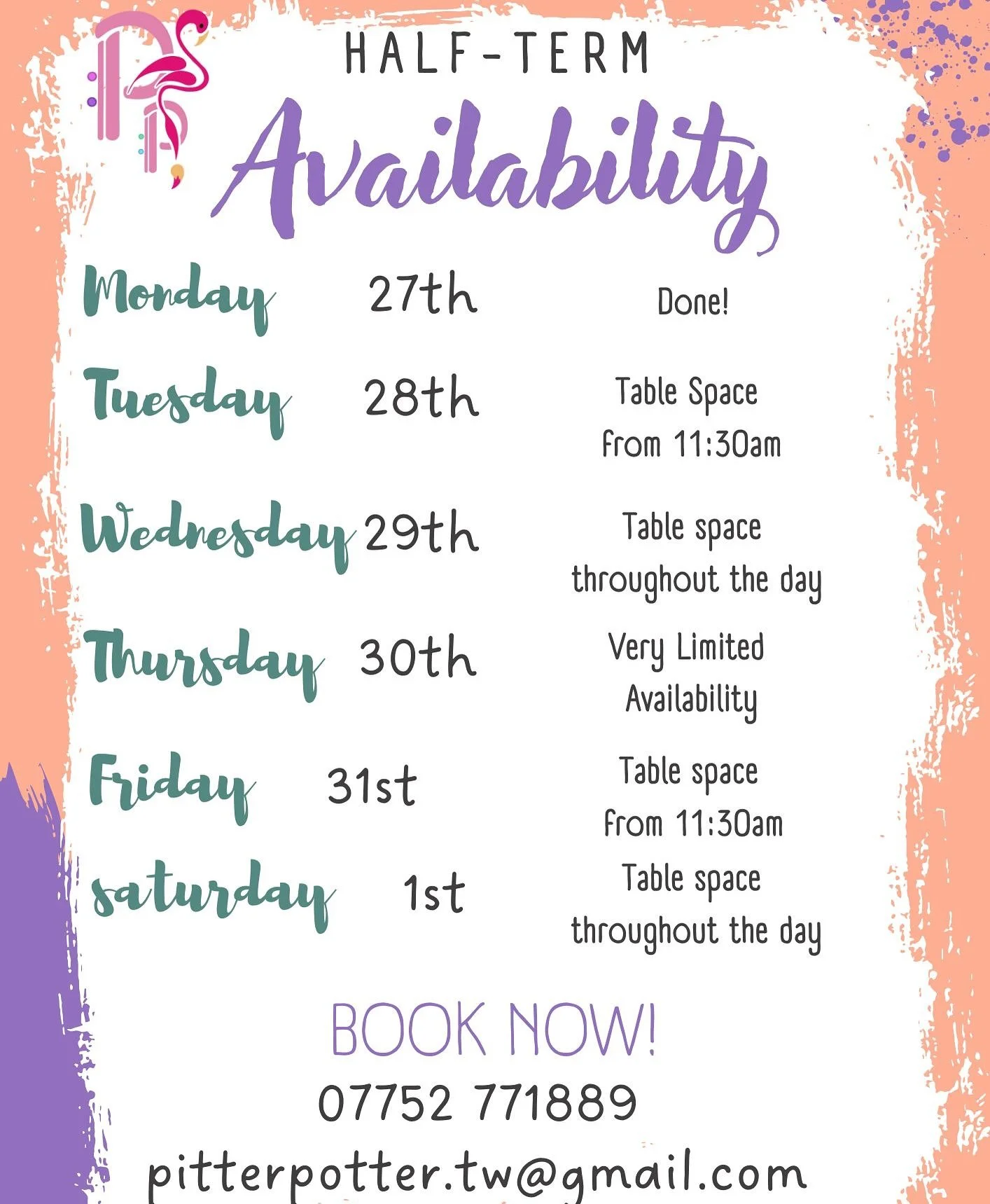 🌵HOLIDAY &bull; AVAILABILITY🌵

This is what our Half-Term table space is like at the moment. Remember to always phone or message to book, as we can&rsquo;t always guarantee you a spot if you just turn up!
Off to a great start, and we can&rsquo;t wa