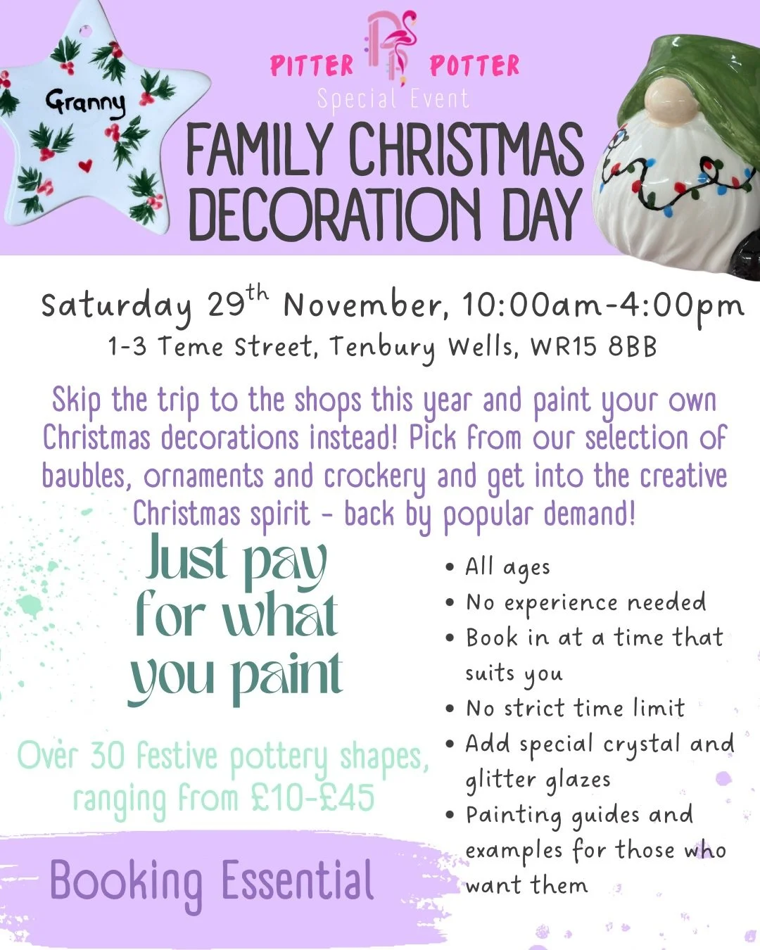 🔔 PITTER &bull; POTTER &bull; EVENT🔔

Missed out on last Saturday&rsquo;s Family Christmas Decoration Day? Well, fear not! The event proved so popular that we&rsquo;re now offering a second date for you to get your festive pieces painted!🎄

Pick f