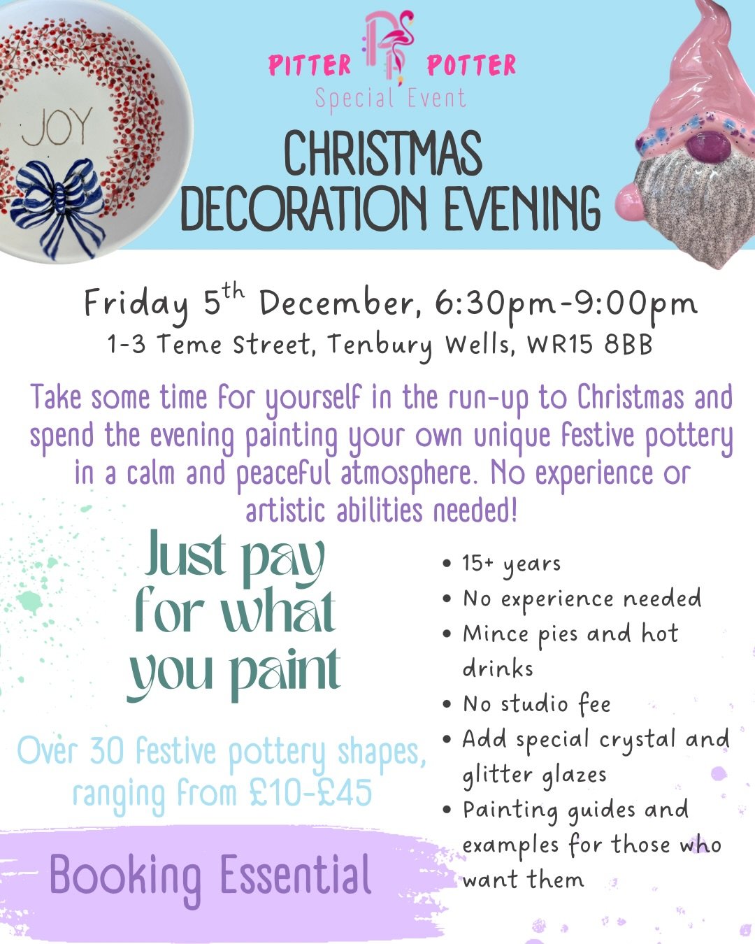🔔 PITTER &bull; POTTER &bull; EVENT🔔

It&rsquo;s nearly December, and what better way to get festive than with a Christmas Decoration Painting Evening? It&rsquo;s going to be a good one!

Enjoy an evening of pre-Christmas peace and creativity at Pi