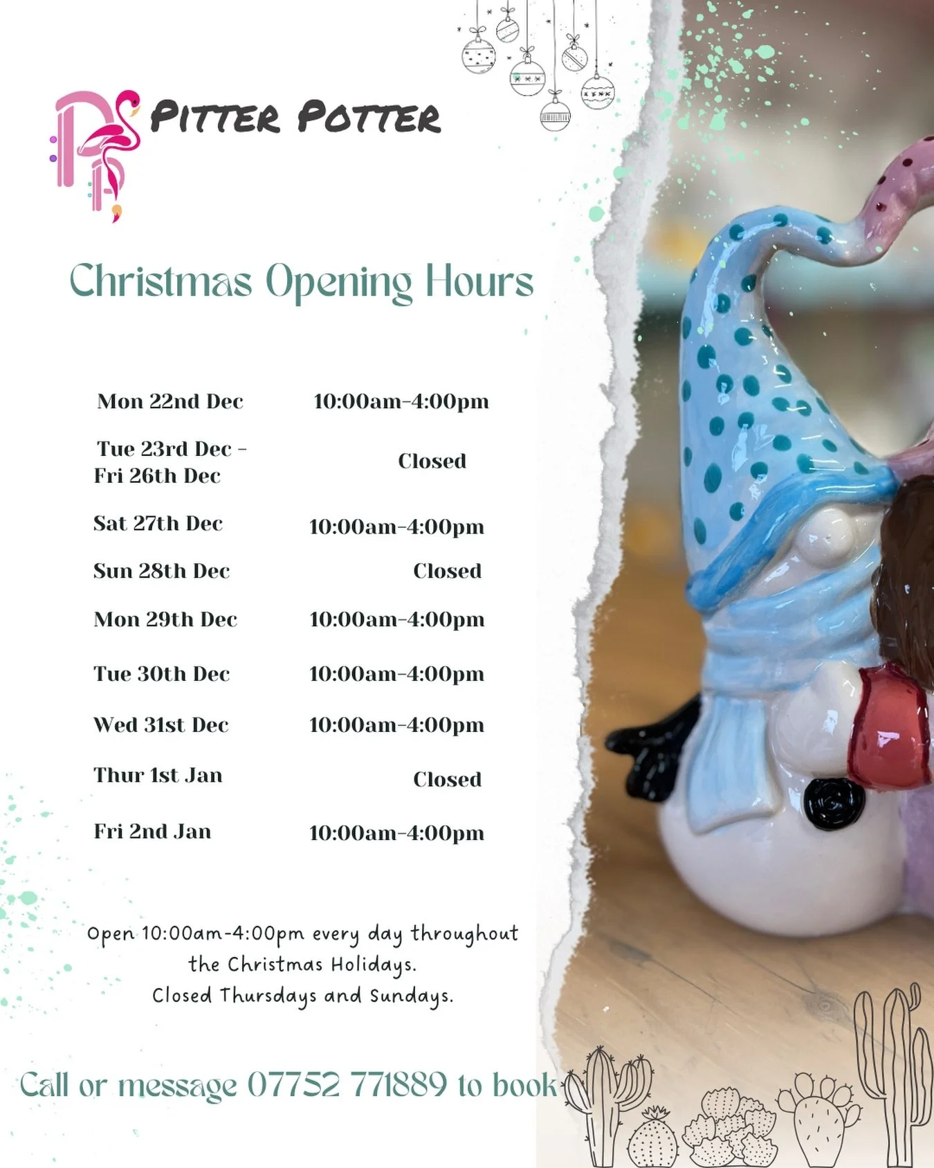 🎄 CHRISTMAS &bull; OPENING &bull; TIMES🎄
We&rsquo;re ready and set for the Christmas holidays - and we know that you&rsquo;re all very excited to get in some pottery painting!🎨

To help you plan, here are our opening days and times throughout the 