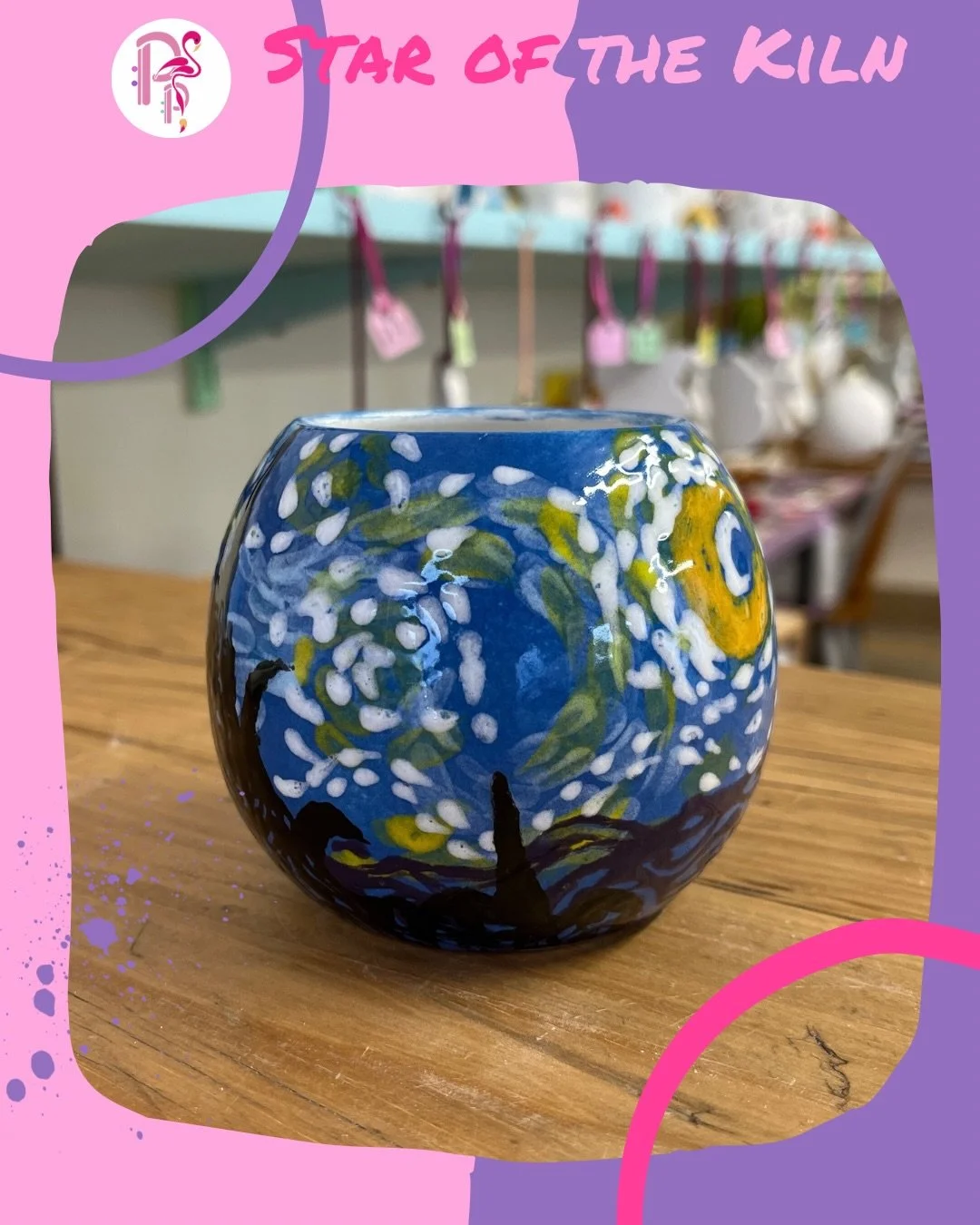 🌟STAR &bull; OF &bull; THE &bull; KILN🌟

Nothing to see here, just this AWESOME rendition of Van Gogh&lsquo;s Starry Night on a pot✨
We&rsquo;re just so impressed with this painter&lsquo;s use of dots - a really simple technique, but what an effect