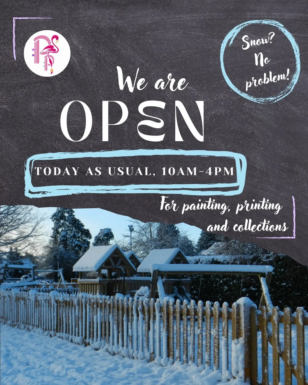 ❄️WE &bull; ARE &bull; OPEN❄️

Tenbury Wells may have had three flakes of snow, but that doesn&rsquo;t stop us! The studio is open as usual, 10:00am-4:00pm, and we have tables available from midday. 

If you&rsquo;re booked in for today, please doubl